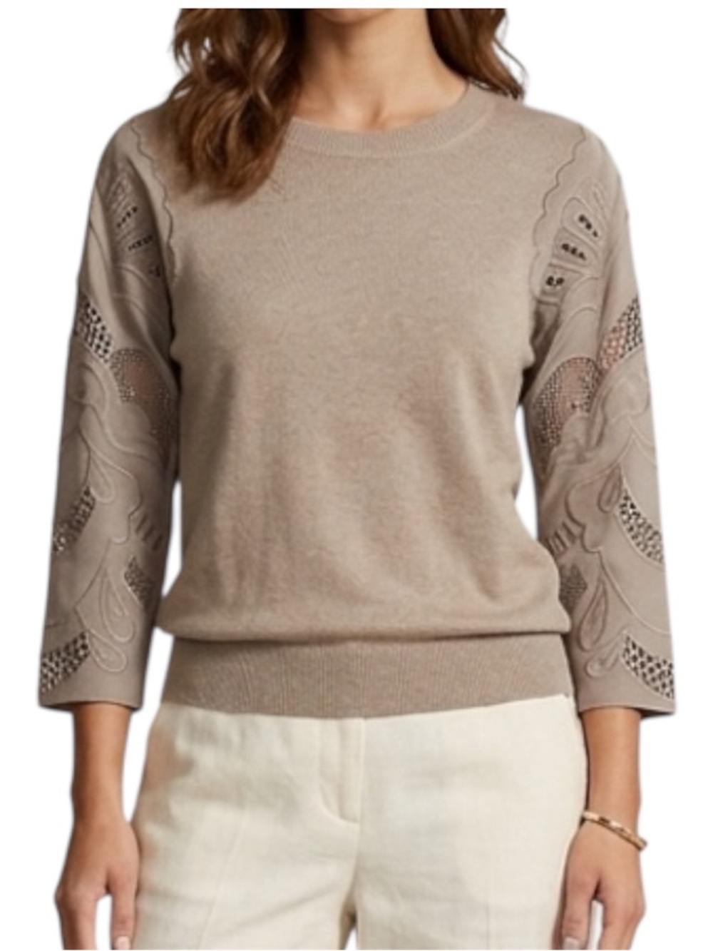 Knitted & Knotted Anthropologie Taupe Lace Sleeve Lightweight Sweater Size Small